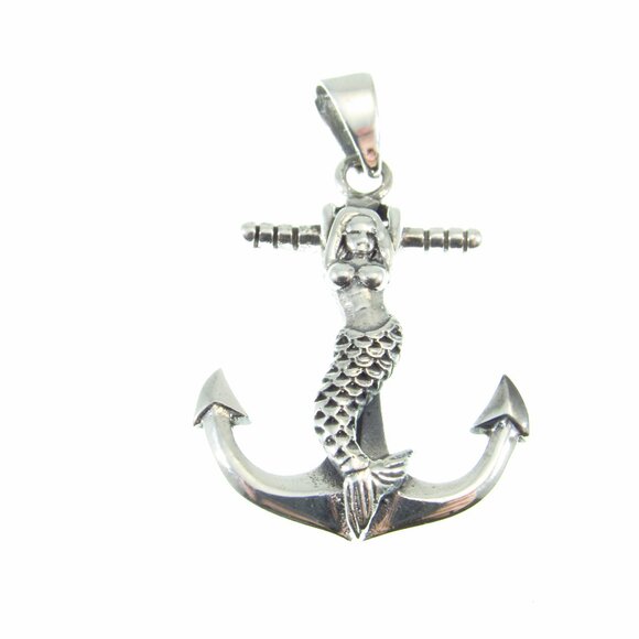 Solid 925 Sterling Silver Mermaid Anchor Pendant - Atargatis Sea Goddess Charm - Picture 5 of 10